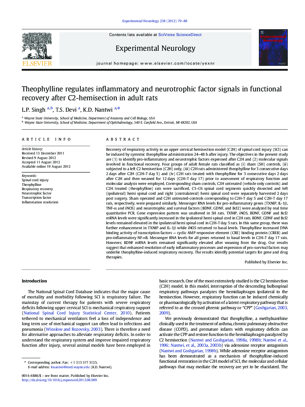 Theophylline regulates inflammatory and neurotrophic factor signals in functional recovery after C2-hemisection in adult rats