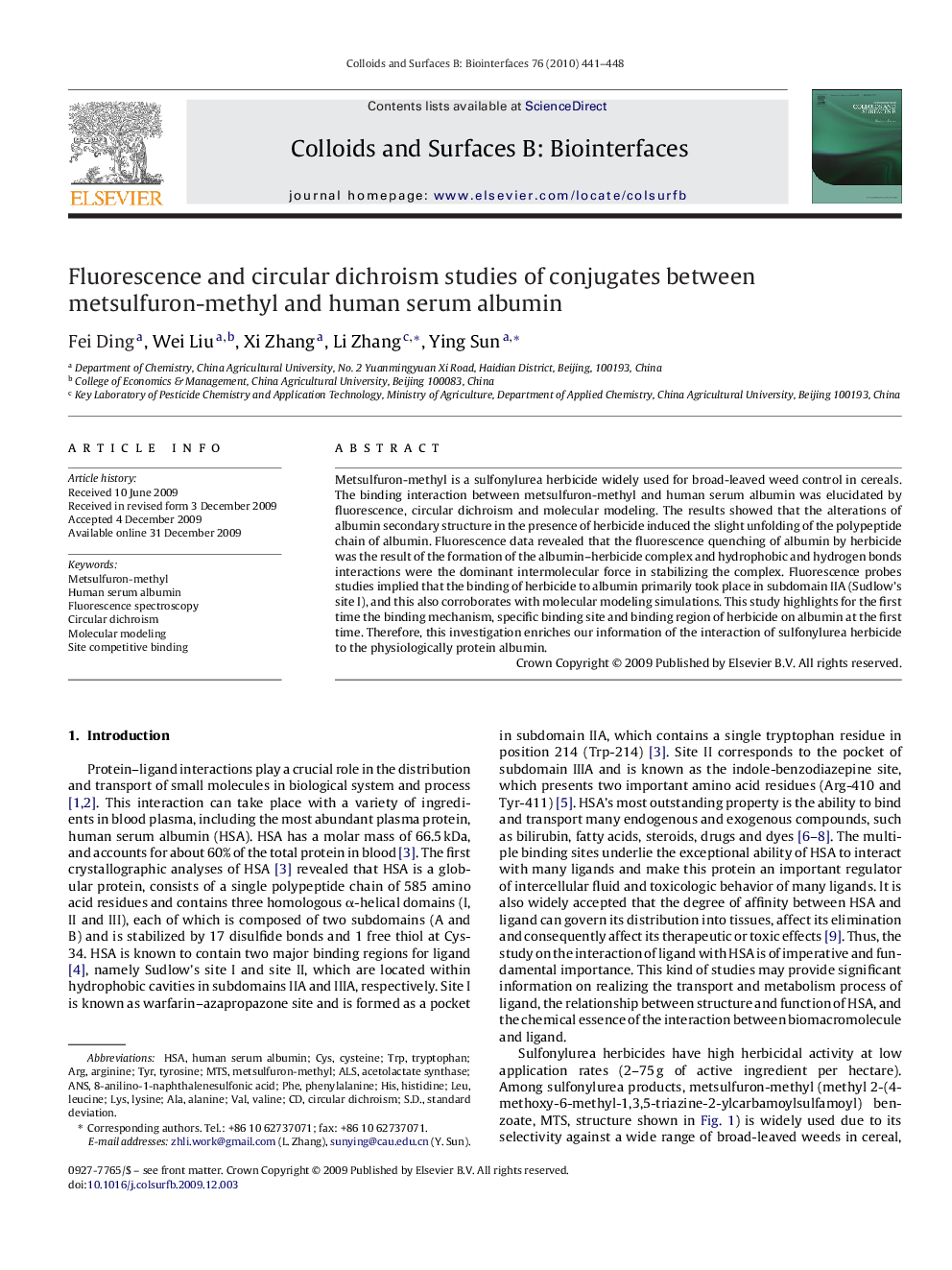 Fluorescence and circular dichroism studies of conjugates between metsulfuron-methyl and human serum albumin