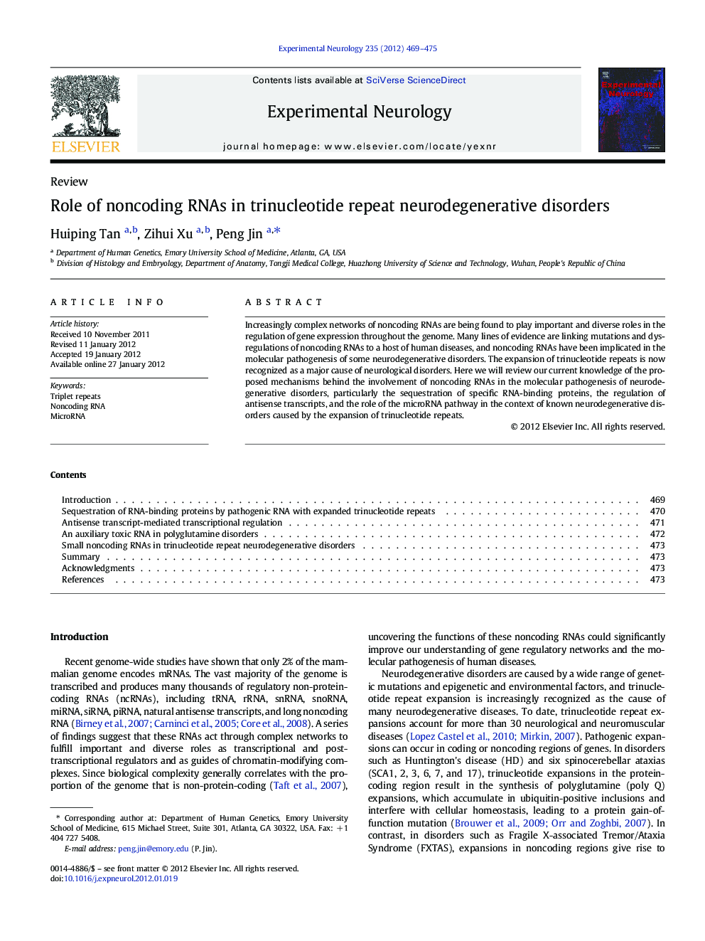 ReviewRole of noncoding RNAs in trinucleotide repeat neurodegenerative disorders