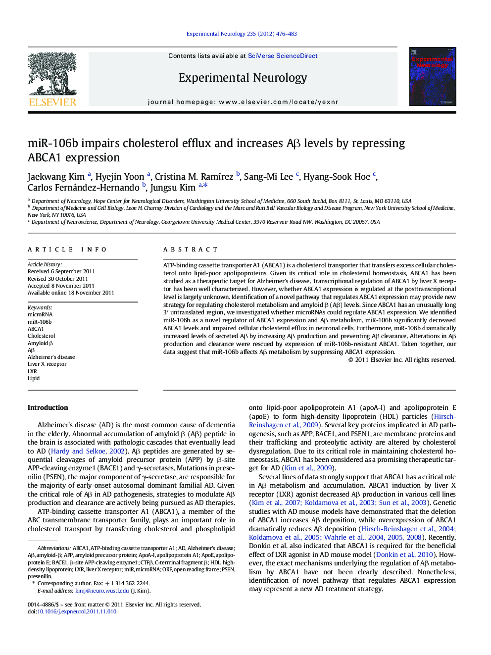 miR-106b impairs cholesterol efflux and increases AÎ² levels by repressing ABCA1 expression