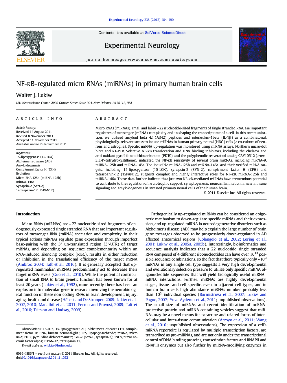 NF-ÐºB-regulated micro RNAs (miRNAs) in primary human brain cells