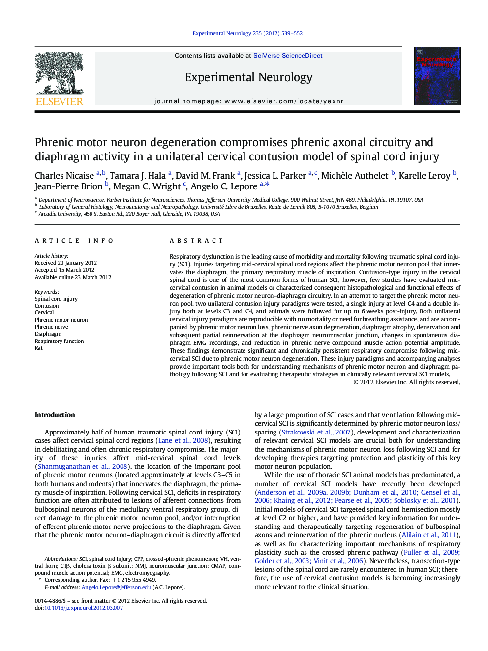 Phrenic motor neuron degeneration compromises phrenic axonal circuitry and diaphragm activity in a unilateral cervical contusion model of spinal cord injury