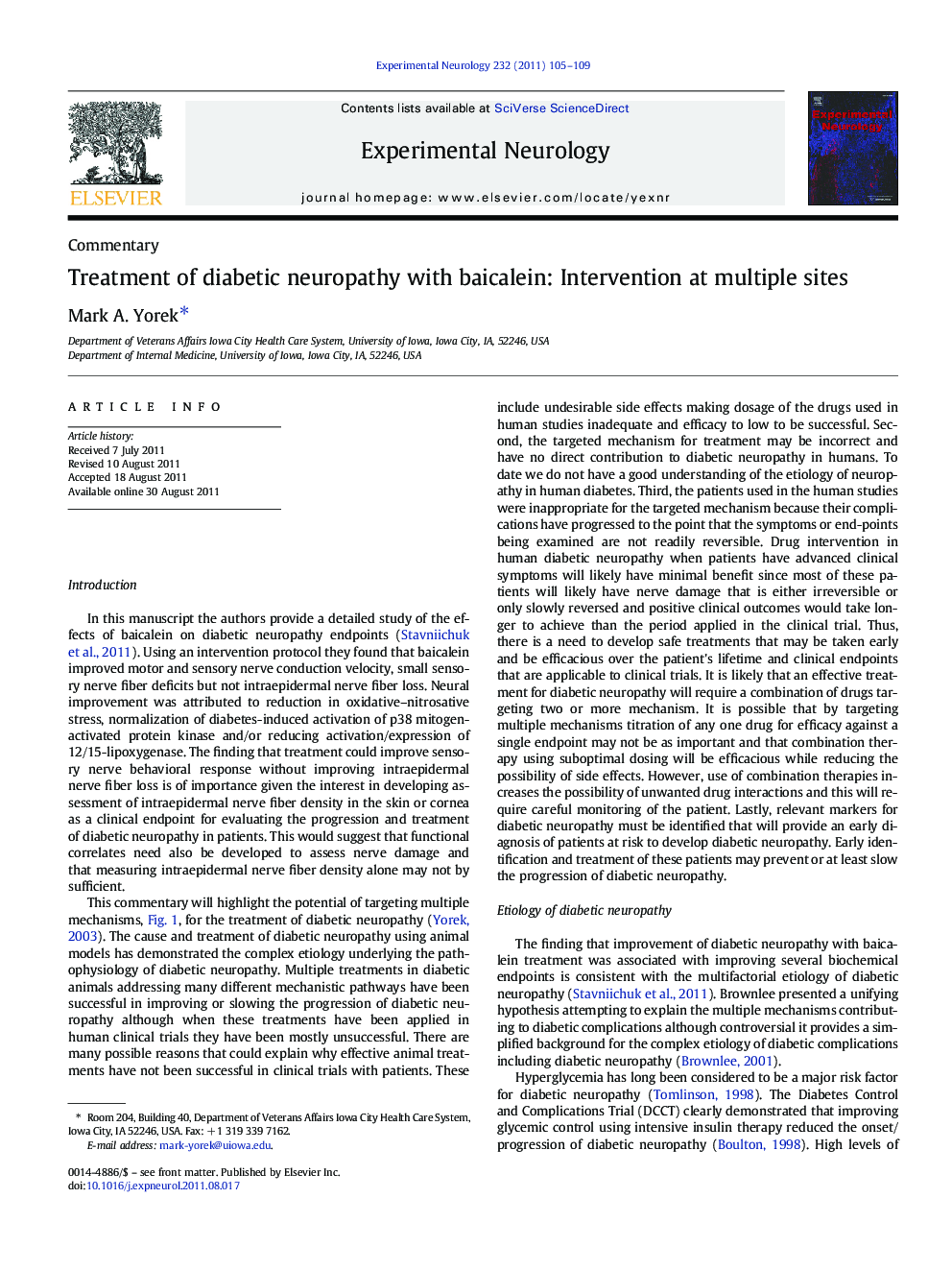 Treatment of diabetic neuropathy with baicalein: Intervention at multiple sites