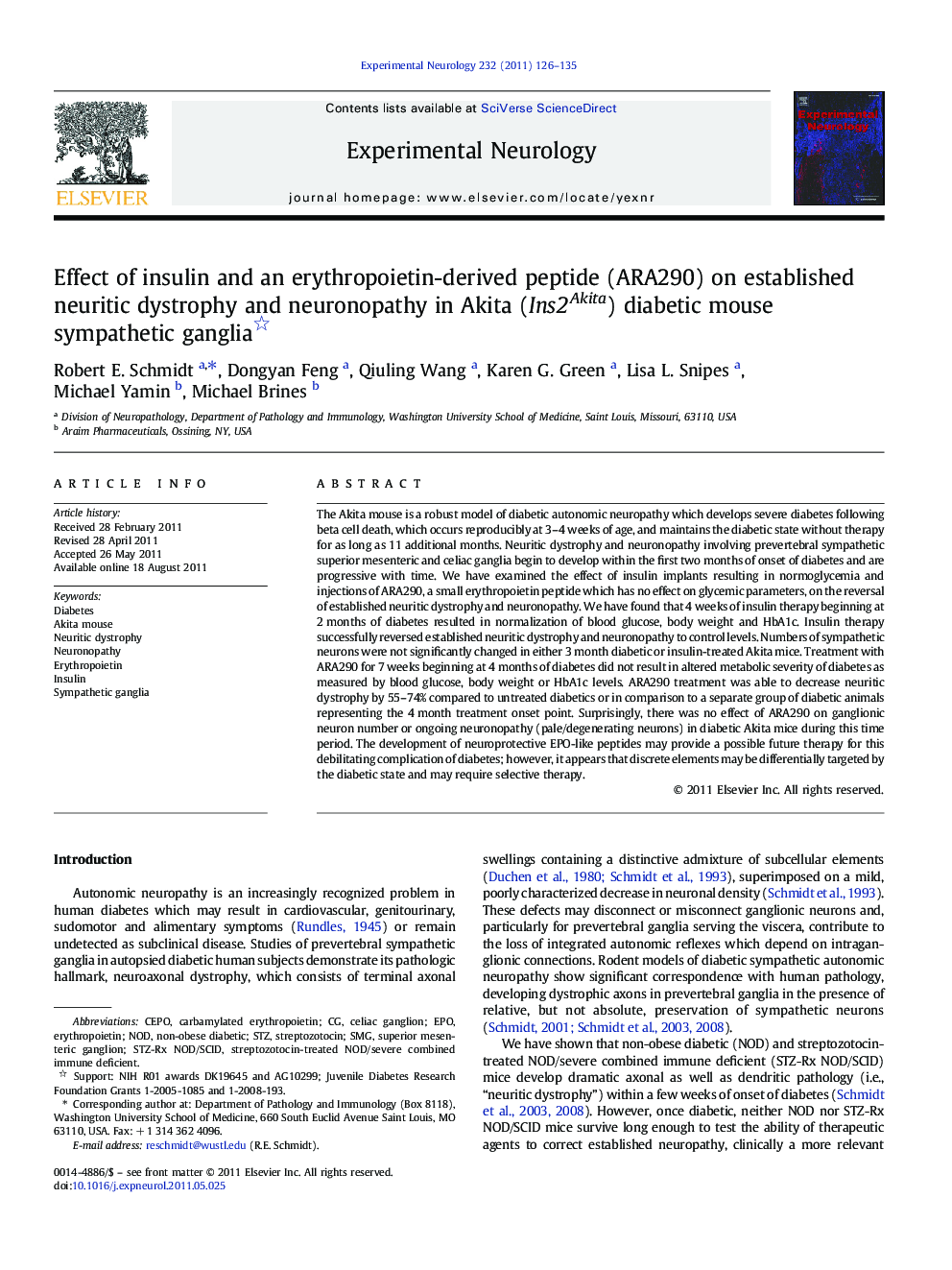 Effect of insulin and an erythropoietin-derived peptide (ARA290) on established neuritic dystrophy and neuronopathy in Akita (Ins2Akita) diabetic mouse sympathetic ganglia