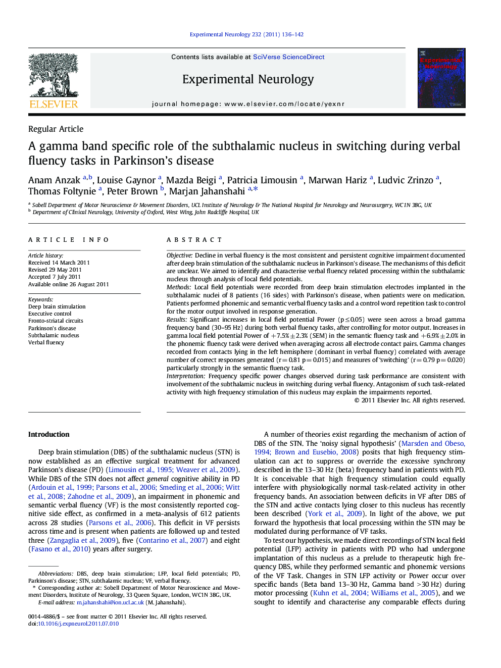 Regular ArticleA gamma band specific role of the subthalamic nucleus in switching during verbal fluency tasks in Parkinson's disease