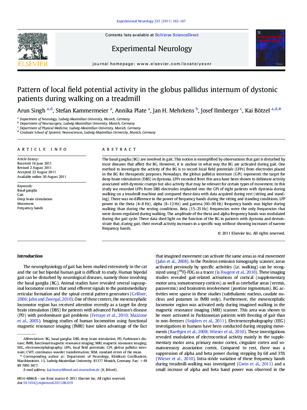 Pattern of local field potential activity in the globus pallidus internum of dystonic patients during walking on a treadmill