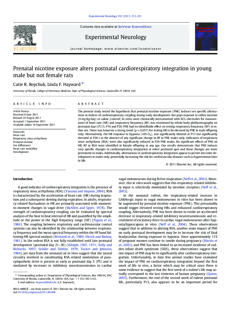 Prenatal nicotine exposure alters postnatal cardiorespiratory integration in young male but not female rats