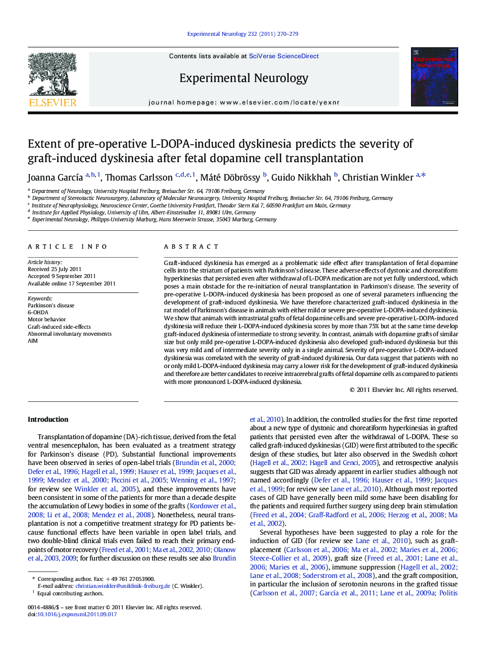 Extent of pre-operative L-DOPA-induced dyskinesia predicts the severity of graft-induced dyskinesia after fetal dopamine cell transplantation