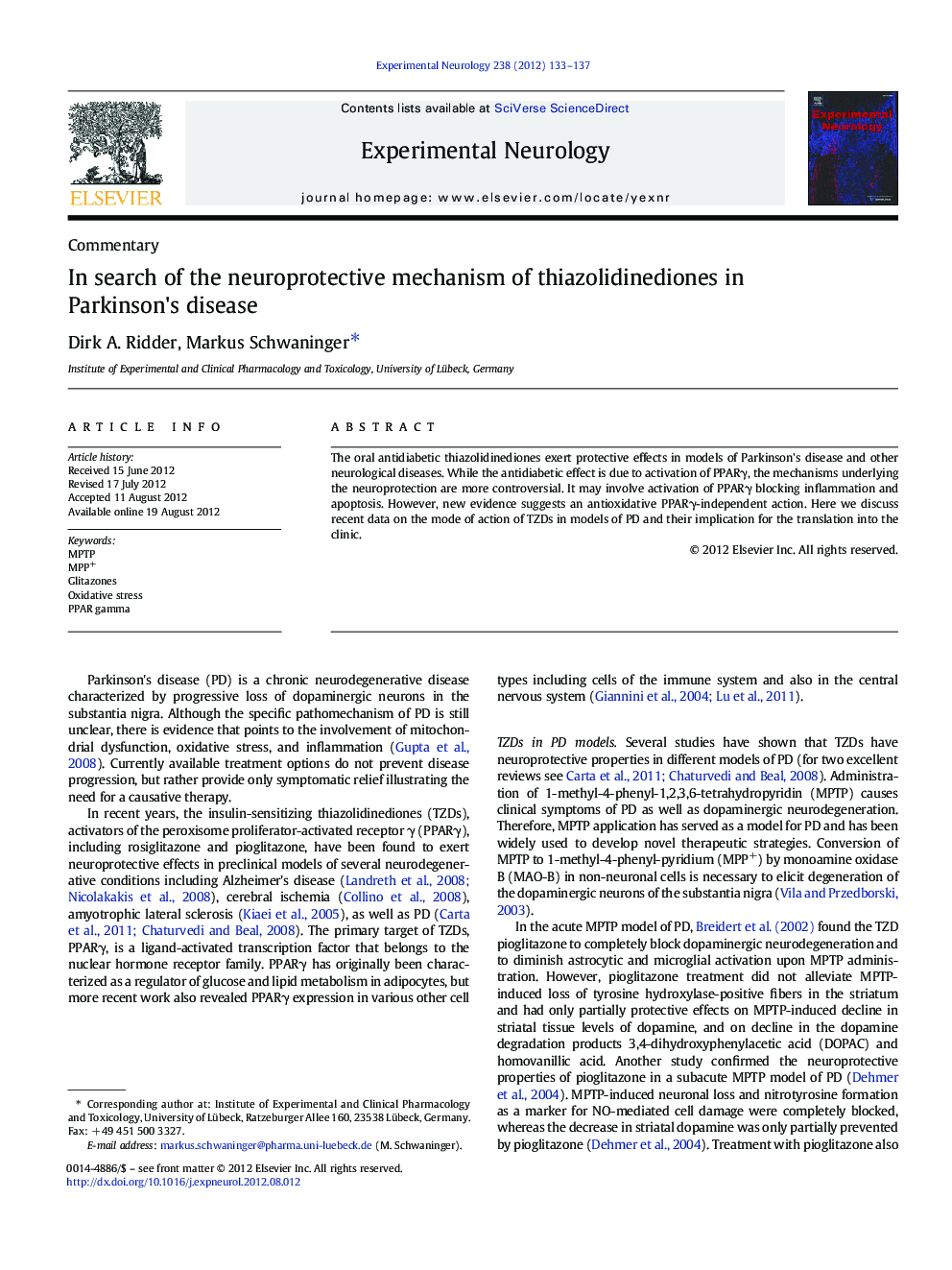 CommentaryIn search of the neuroprotective mechanism of thiazolidinediones in Parkinson's disease