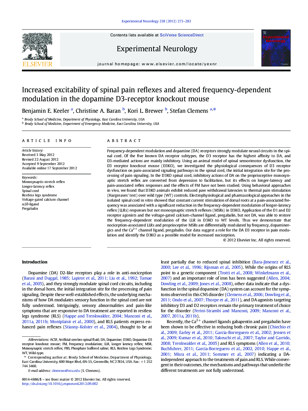 Increased excitability of spinal pain reflexes and altered frequency-dependent modulation in the dopamine D3-receptor knockout mouse