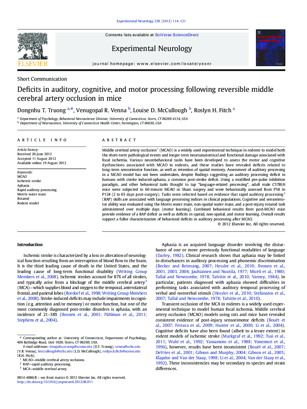 Deficits in auditory, cognitive, and motor processing following reversible middle cerebral artery occlusion in mice