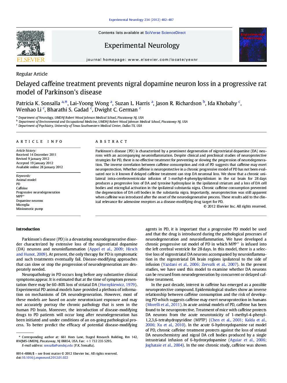 Delayed caffeine treatment prevents nigral dopamine neuron loss in a progressive rat model of Parkinson's disease