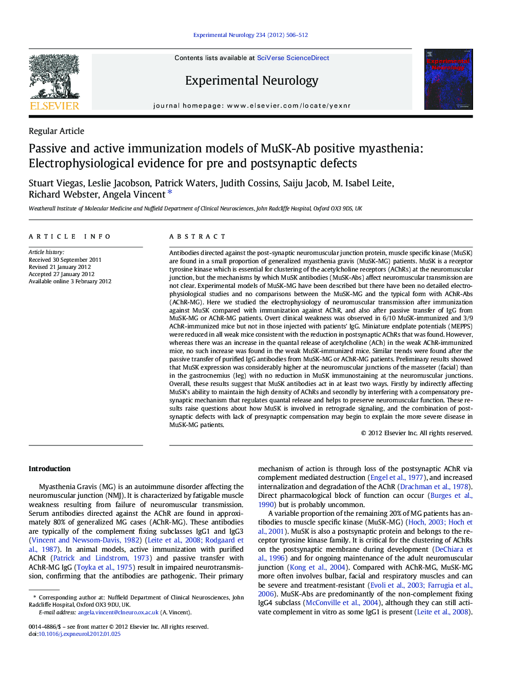عکس صفحه اول مقاله: Passive and active immunization models of MuSK-Ab positive myasthenia: Electrophysiological evidence for pre and postsynaptic defects Passive and active immunization models of MuSK-Ab positive myasthenia: Electrophysiological evidence for pre and postsynaptic defects