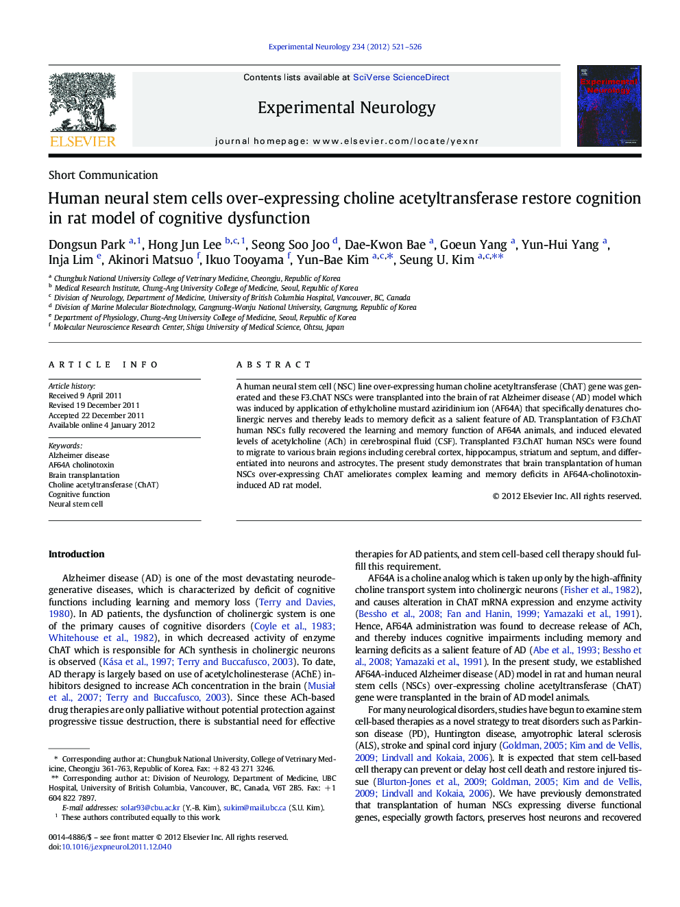 Human neural stem cells over-expressing choline acetyltransferase restore cognition in rat model of cognitive dysfunction