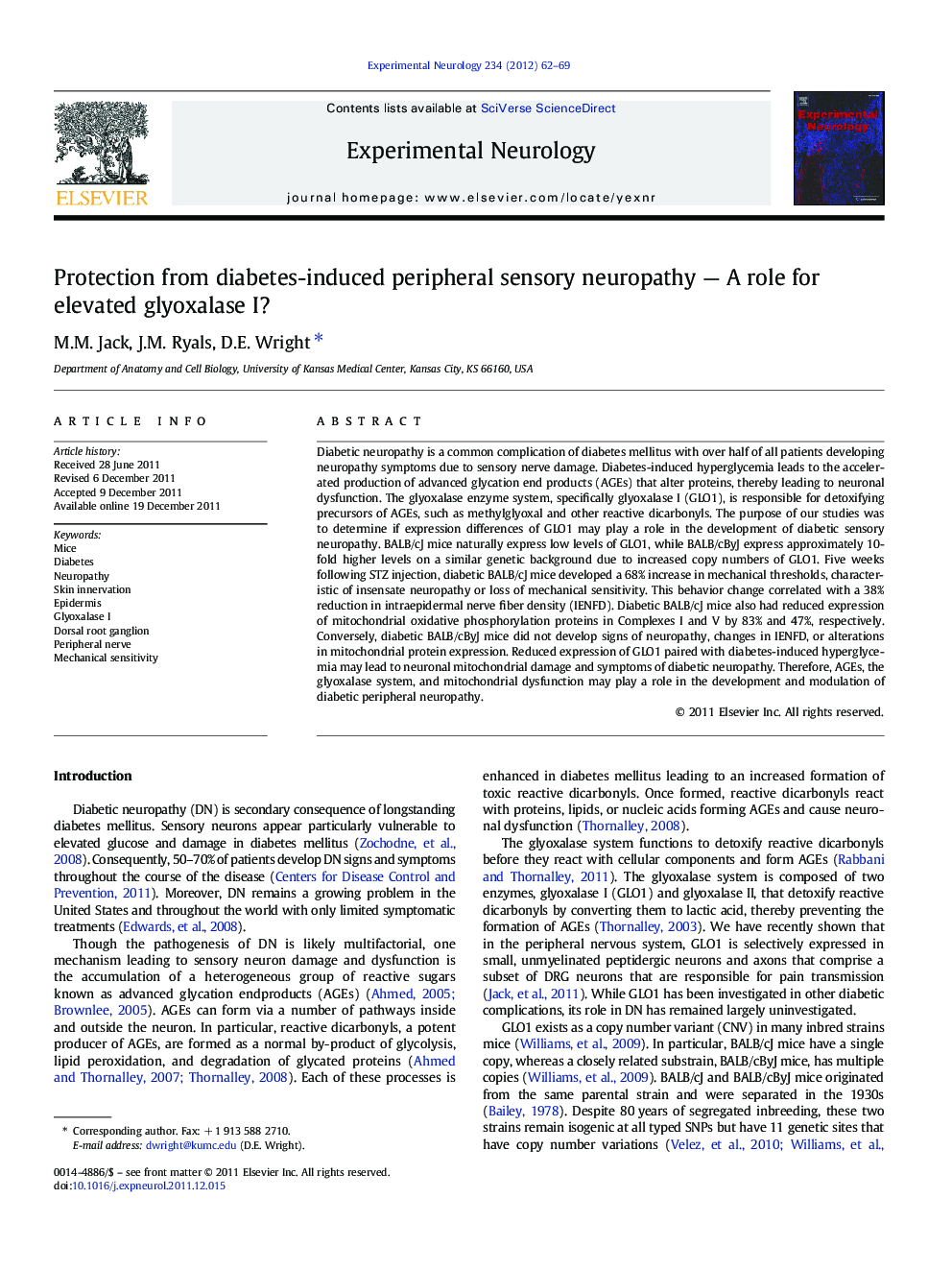 Protection from diabetes-induced peripheral sensory neuropathy - A role for elevated glyoxalase I?