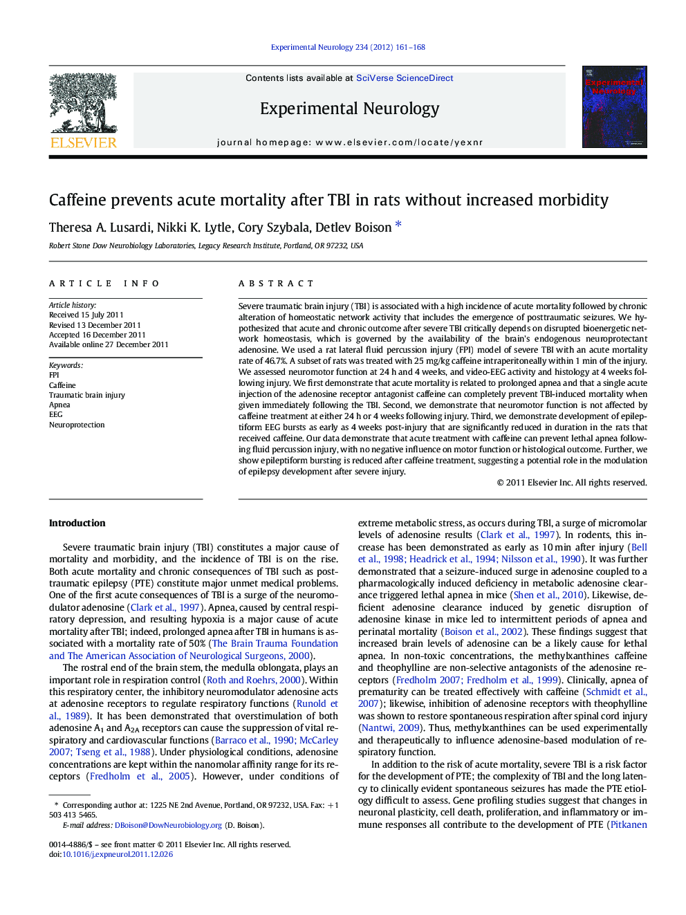 Caffeine prevents acute mortality after TBI in rats without increased morbidity