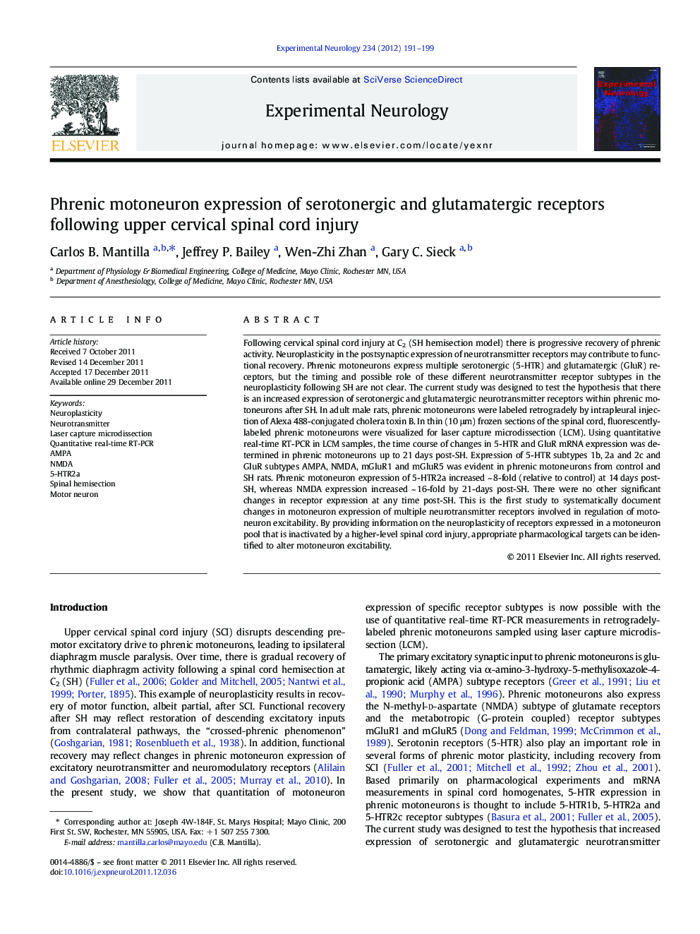 Phrenic motoneuron expression of serotonergic and glutamatergic receptors following upper cervical spinal cord injury