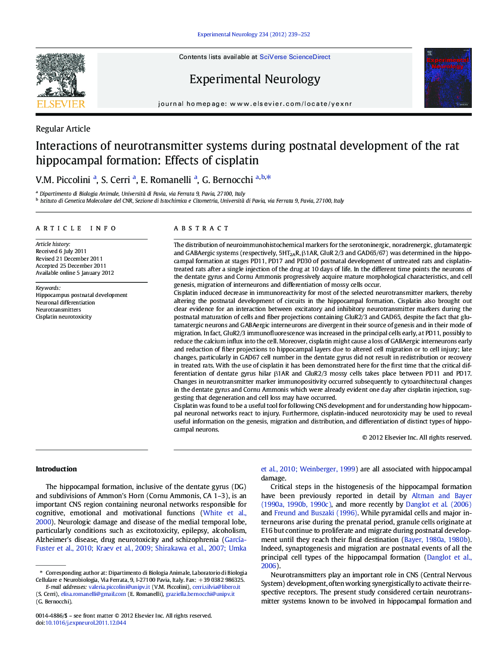 Interactions of neurotransmitter systems during postnatal development of the rat hippocampal formation: Effects of cisplatin