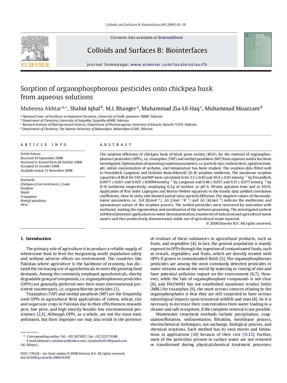 Sorption of organophosphorous pesticides onto chickpea husk from aqueous solutions