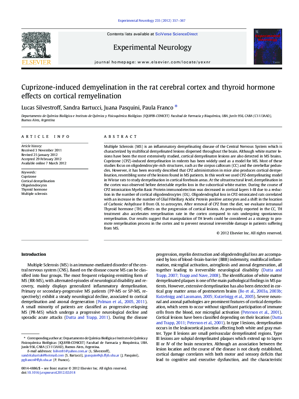 Cuprizone-induced demyelination in the rat cerebral cortex and thyroid hormone effects on cortical remyelination