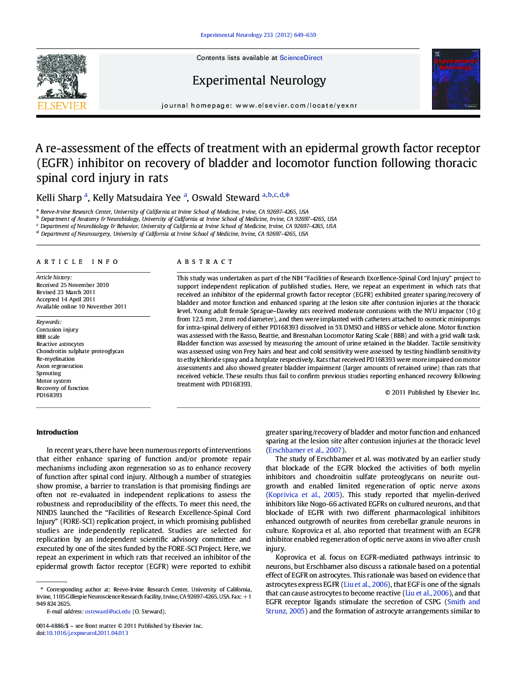 A re-assessment of the effects of treatment with an epidermal growth factor receptor (EGFR) inhibitor on recovery of bladder and locomotor function following thoracic spinal cord injury in rats