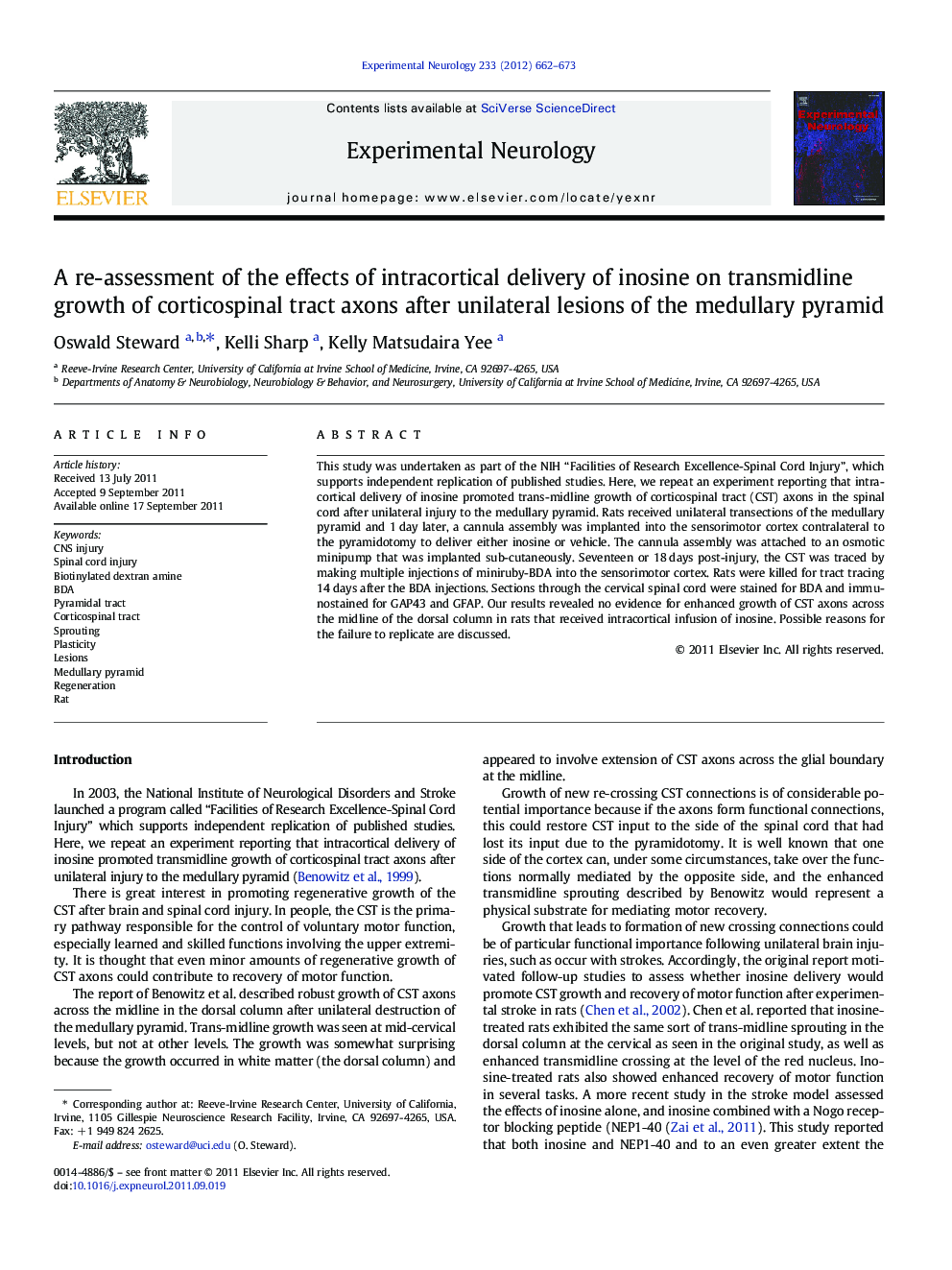 عکس صفحه اول مقاله: A re-assessment of the effects of intracortical delivery of inosine on transmidline growth of corticospinal tract axons after unilateral lesions of the medullary pyramid A re-assessment of the effects of intracortical delivery of inosine on transmidline growth of corticospinal tract axons after unilateral lesions of the medullary pyramid