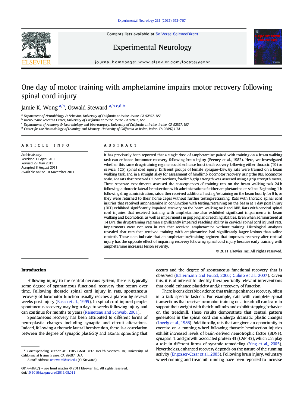 عکس صفحه اول مقاله: One day of motor training with amphetamine impairs motor recovery following spinal cord injury One day of motor training with amphetamine impairs motor recovery following spinal cord injury