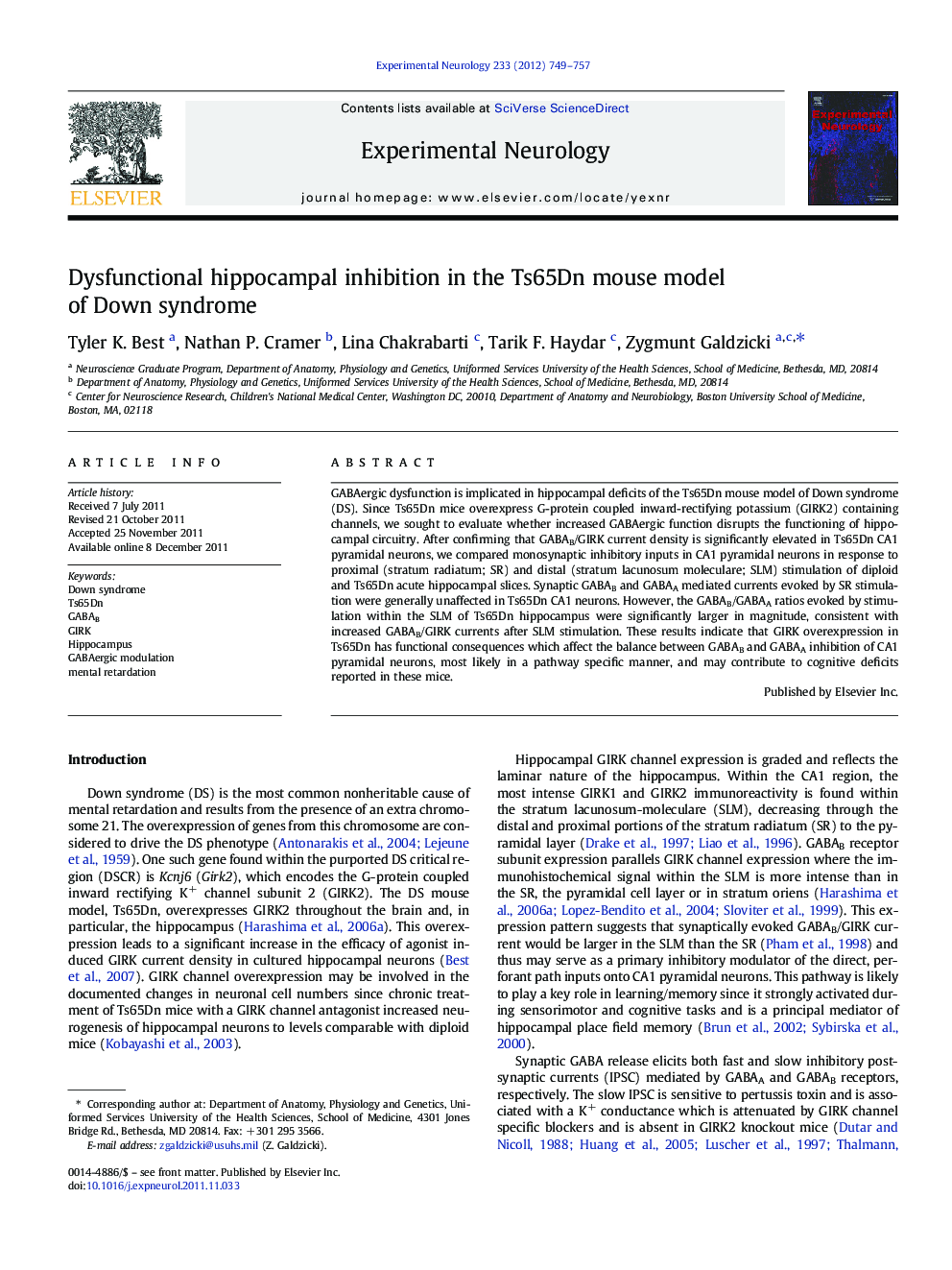 عکس صفحه اول مقاله: Dysfunctional hippocampal inhibition in the Ts65Dn mouse model of Down syndrome Dysfunctional hippocampal inhibition in the Ts65Dn mouse model of Down syndrome