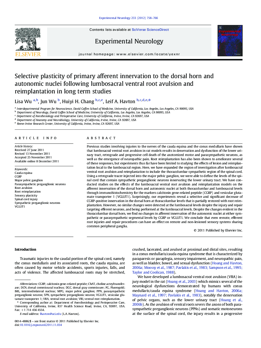 Selective plasticity of primary afferent innervation to the dorsal horn and autonomic nuclei following lumbosacral ventral root avulsion and reimplantation in long term studies