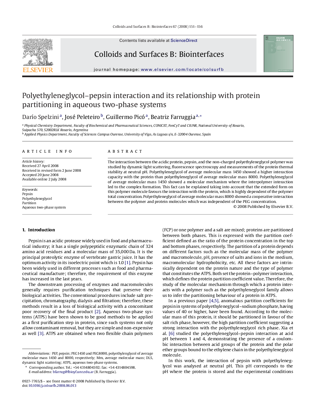 Polyethyleneglycol–pepsin interaction and its relationship with protein partitioning in aqueous two-phase systems