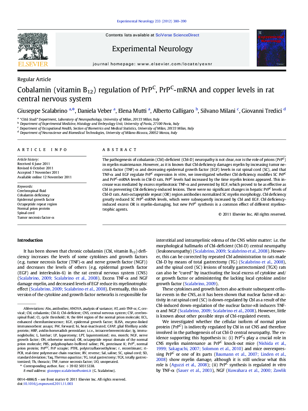 Cobalamin (vitamin B12) regulation of PrPC, PrPC-mRNA and copper levels in rat central nervous system