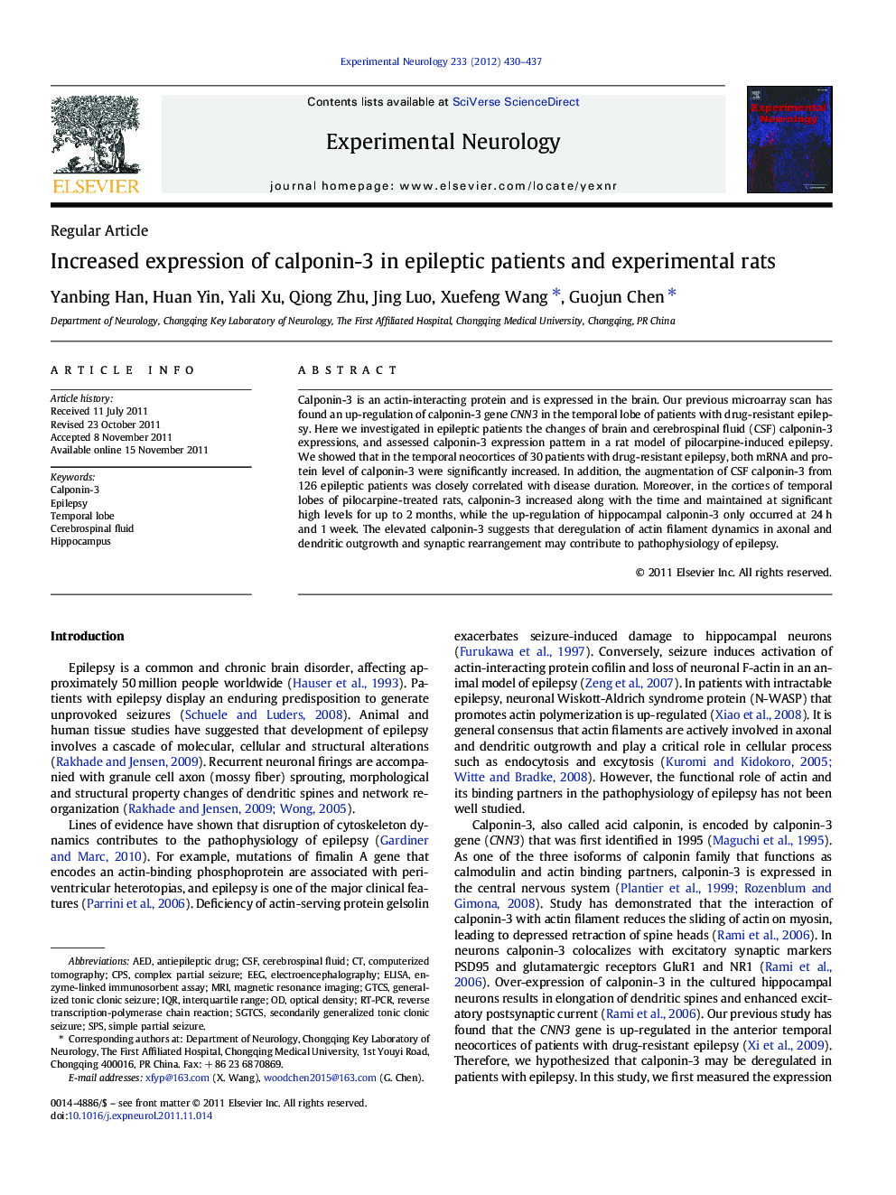 Increased expression of calponin-3 in epileptic patients and experimental rats