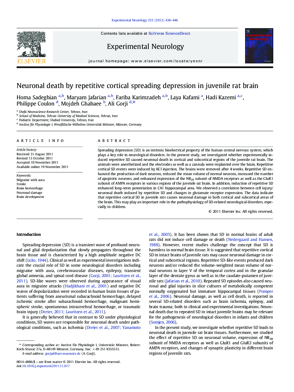 Neuronal death by repetitive cortical spreading depression in juvenile rat brain