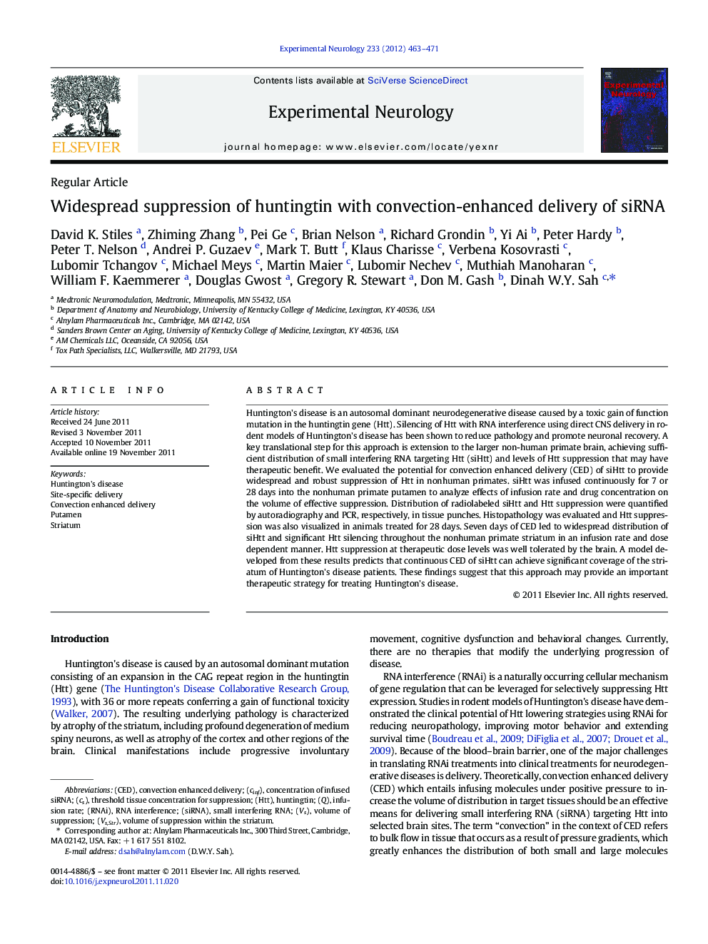 Widespread suppression of huntingtin with convection-enhanced delivery of siRNA