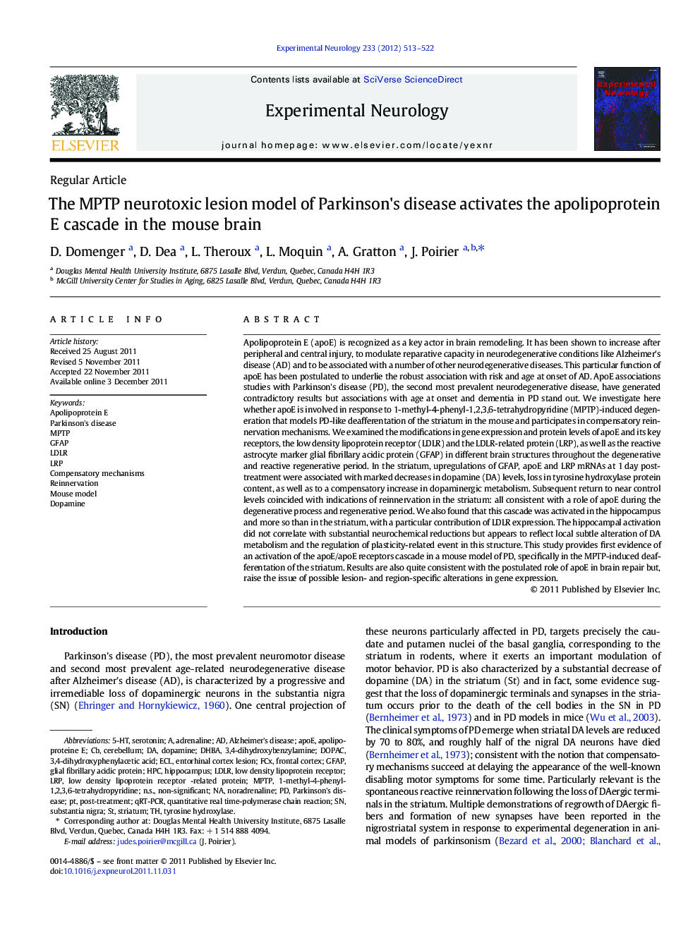 Regular ArticleThe MPTP neurotoxic lesion model of Parkinson's disease activates the apolipoprotein E cascade in the mouse brain