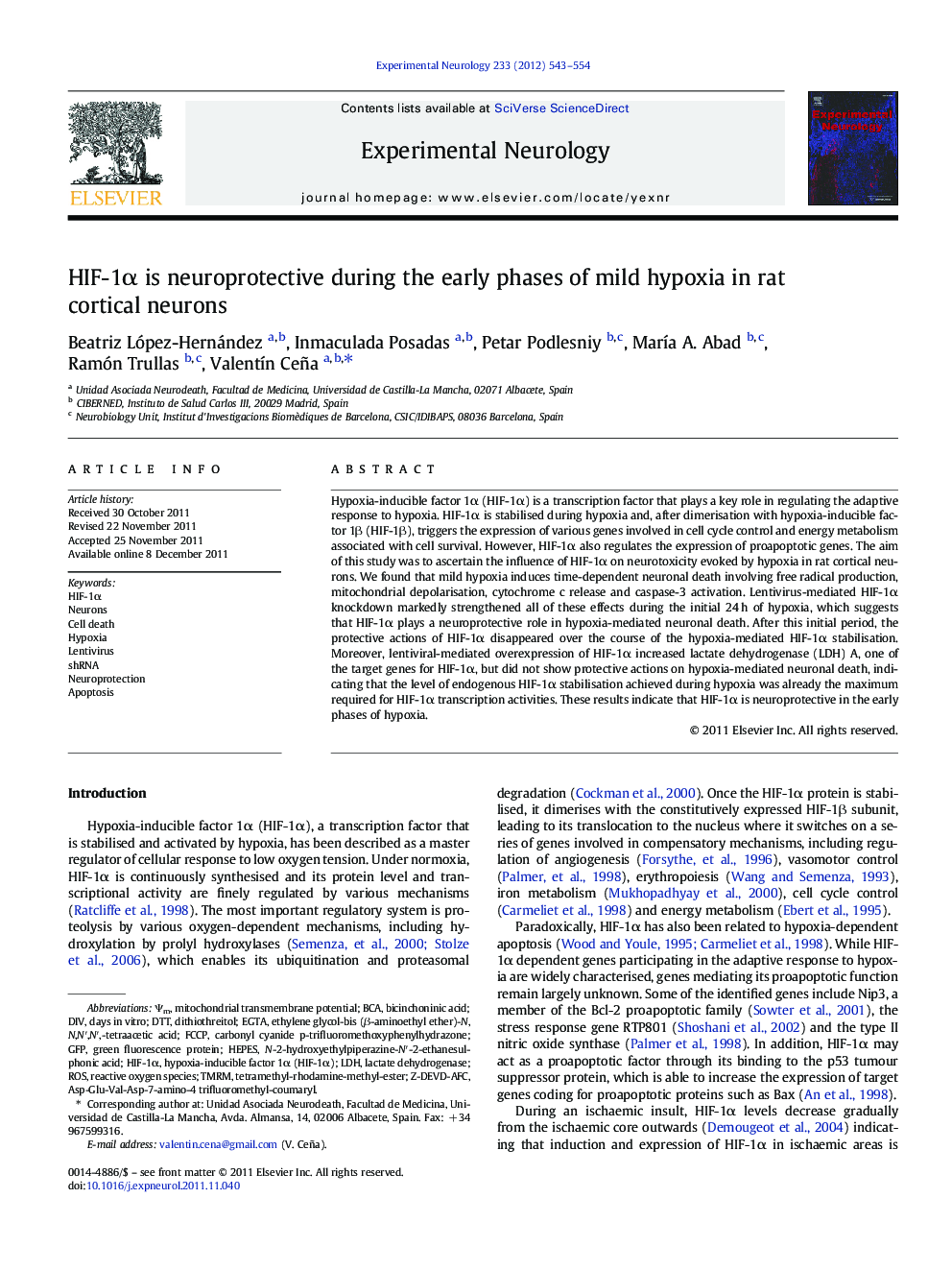عکس صفحه اول مقاله: HIF-1α is neuroprotective during the early phases of mild hypoxia in rat cortical neurons HIF-1α is neuroprotective during the early phases of mild hypoxia in rat cortical neurons