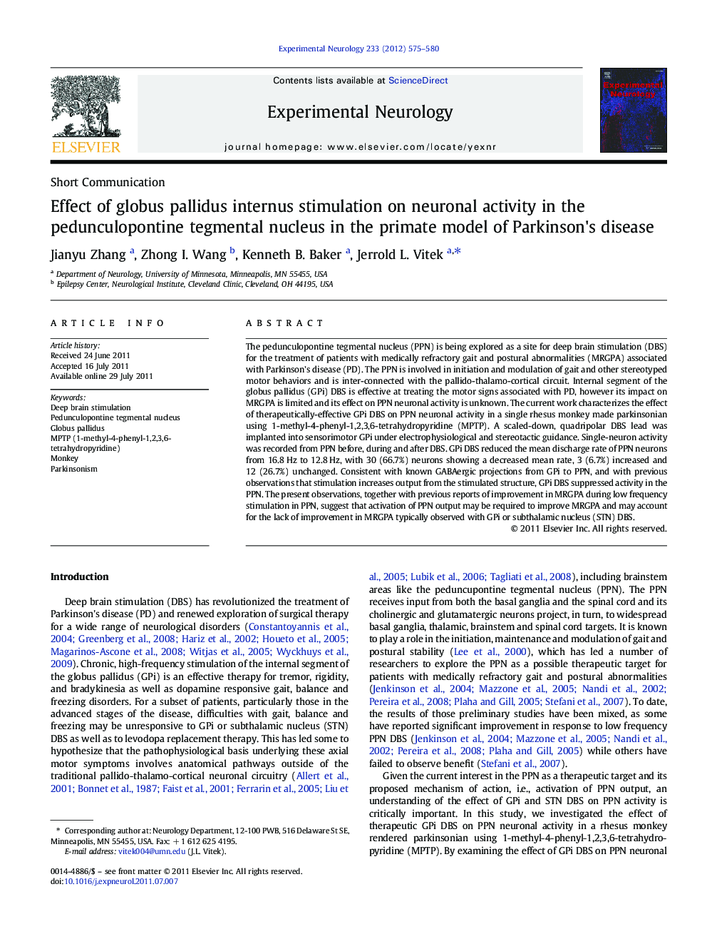 Effect of globus pallidus internus stimulation on neuronal activity in the pedunculopontine tegmental nucleus in the primate model of Parkinson's disease