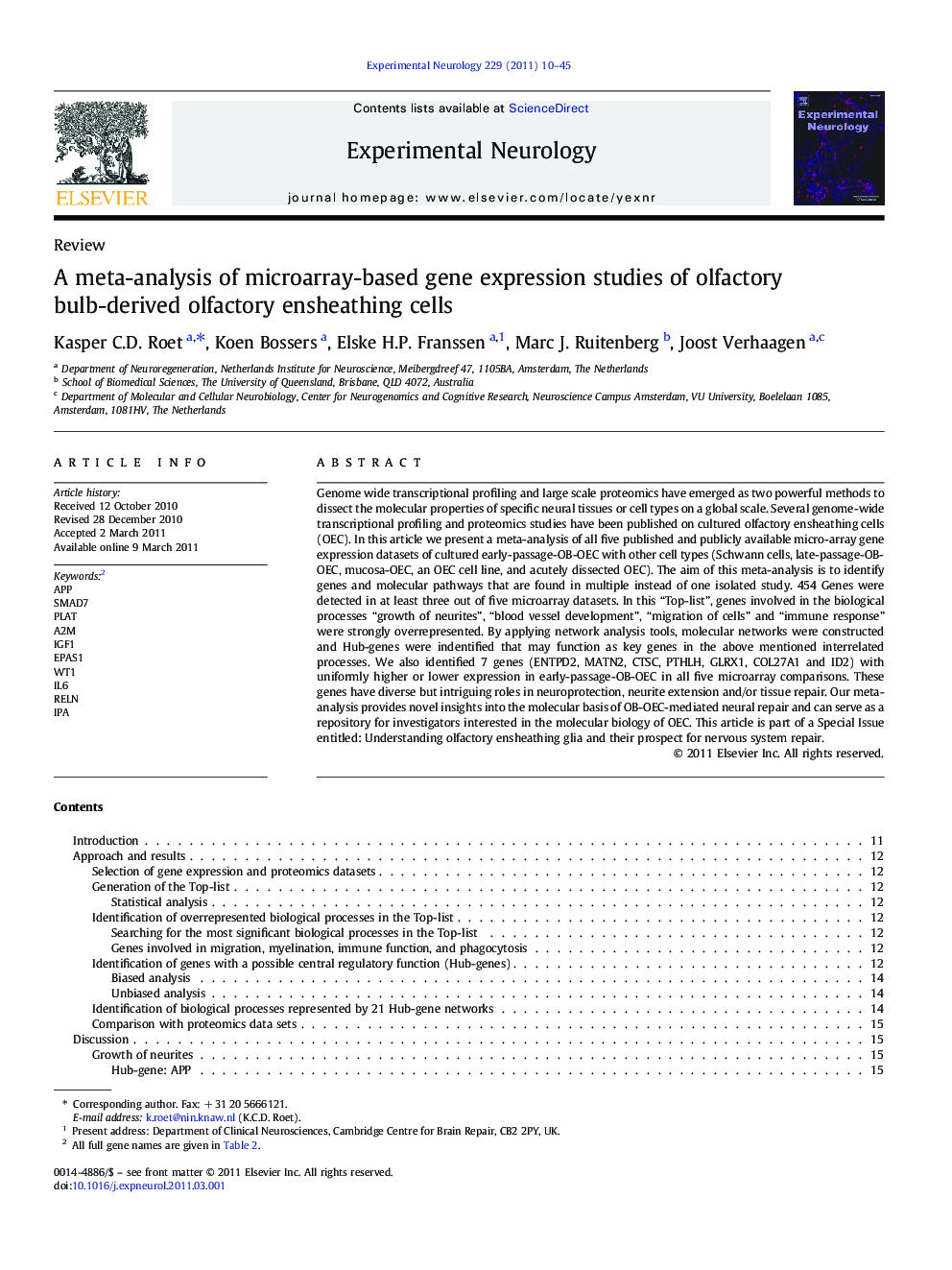 A meta-analysis of microarray-based gene expression studies of olfactory bulb-derived olfactory ensheathing cells