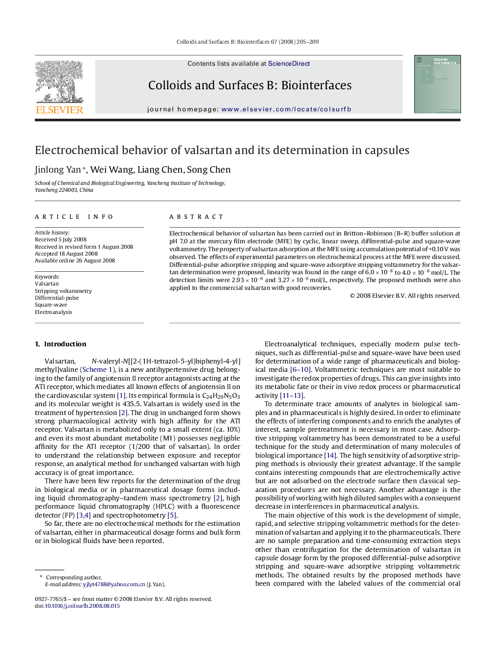 عکس صفحه اول مقاله: Electrochemical behavior of valsartan and its determination in capsules Electrochemical behavior of valsartan and its determination in capsules