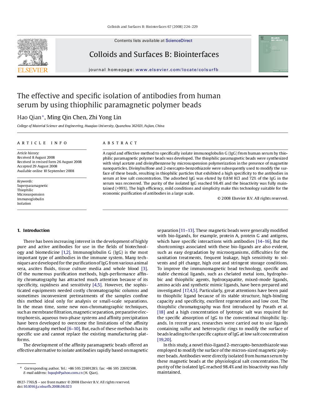 The effective and specific isolation of antibodies from human serum by using thiophilic paramagnetic polymer beads