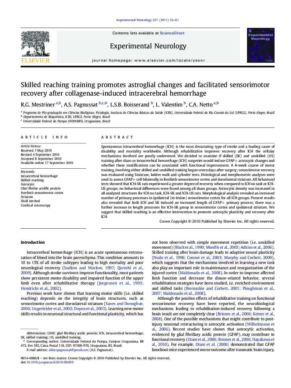 Skilled reaching training promotes astroglial changes and facilitated sensorimotor recovery after collagenase-induced intracerebral hemorrhage