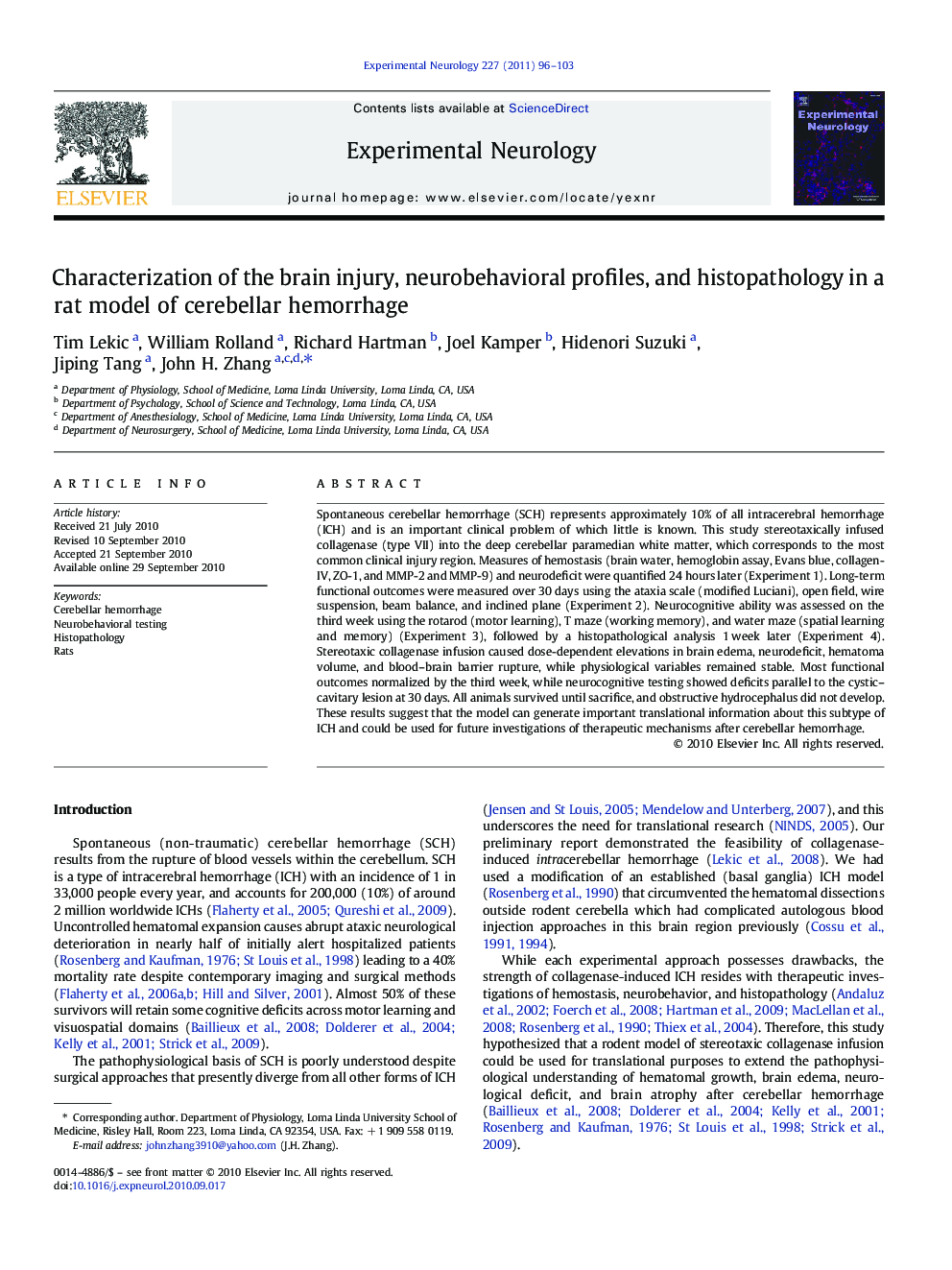 Characterization of the brain injury, neurobehavioral profiles, and histopathology in a rat model of cerebellar hemorrhage