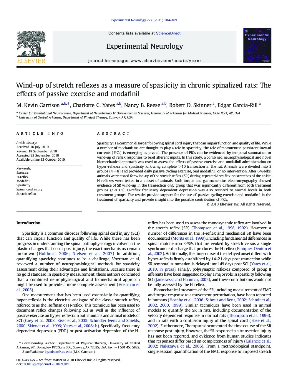 Wind-up of stretch reflexes as a measure of spasticity in chronic spinalized rats: The effects of passive exercise and modafinil