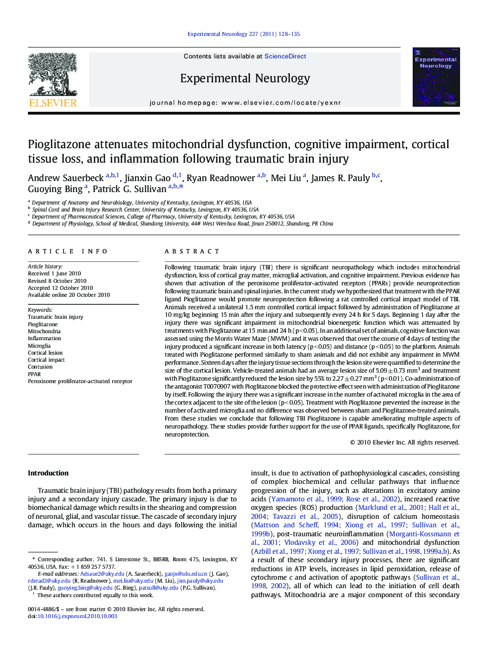 Pioglitazone attenuates mitochondrial dysfunction, cognitive impairment, cortical tissue loss, and inflammation following traumatic brain injury