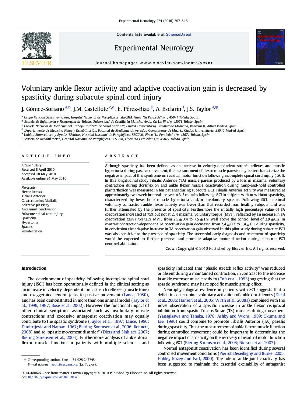 Voluntary ankle flexor activity and adaptive coactivation gain is decreased by spasticity during subacute spinal cord injury