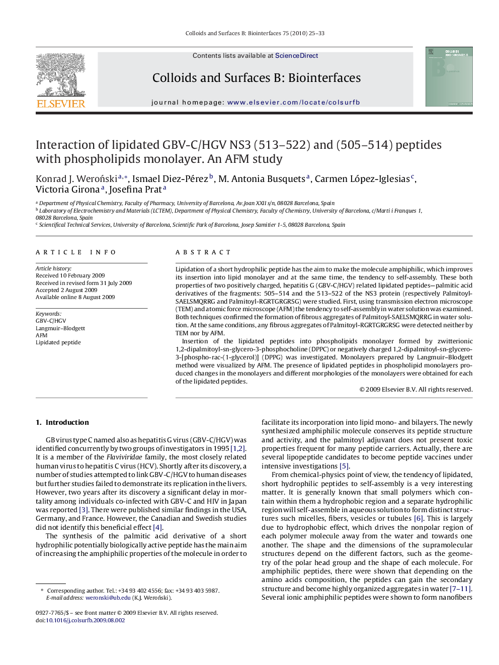 عکس صفحه اول مقاله: Interaction of lipidated GBV-C/HGV NS3 (513–522) and (505–514) peptides with phospholipids monolayer. An AFM study Interaction of lipidated GBV-C/HGV NS3 (513–522) and (505–514) peptides with phospholipids monolayer. An AFM study