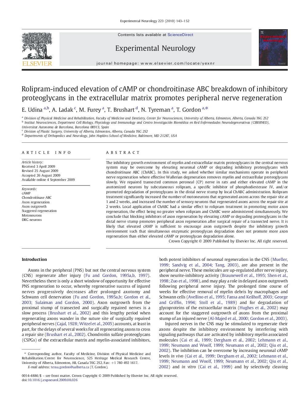 Rolipram-induced elevation of cAMP or chondroitinase ABC breakdown of inhibitory proteoglycans in the extracellular matrix promotes peripheral nerve regeneration