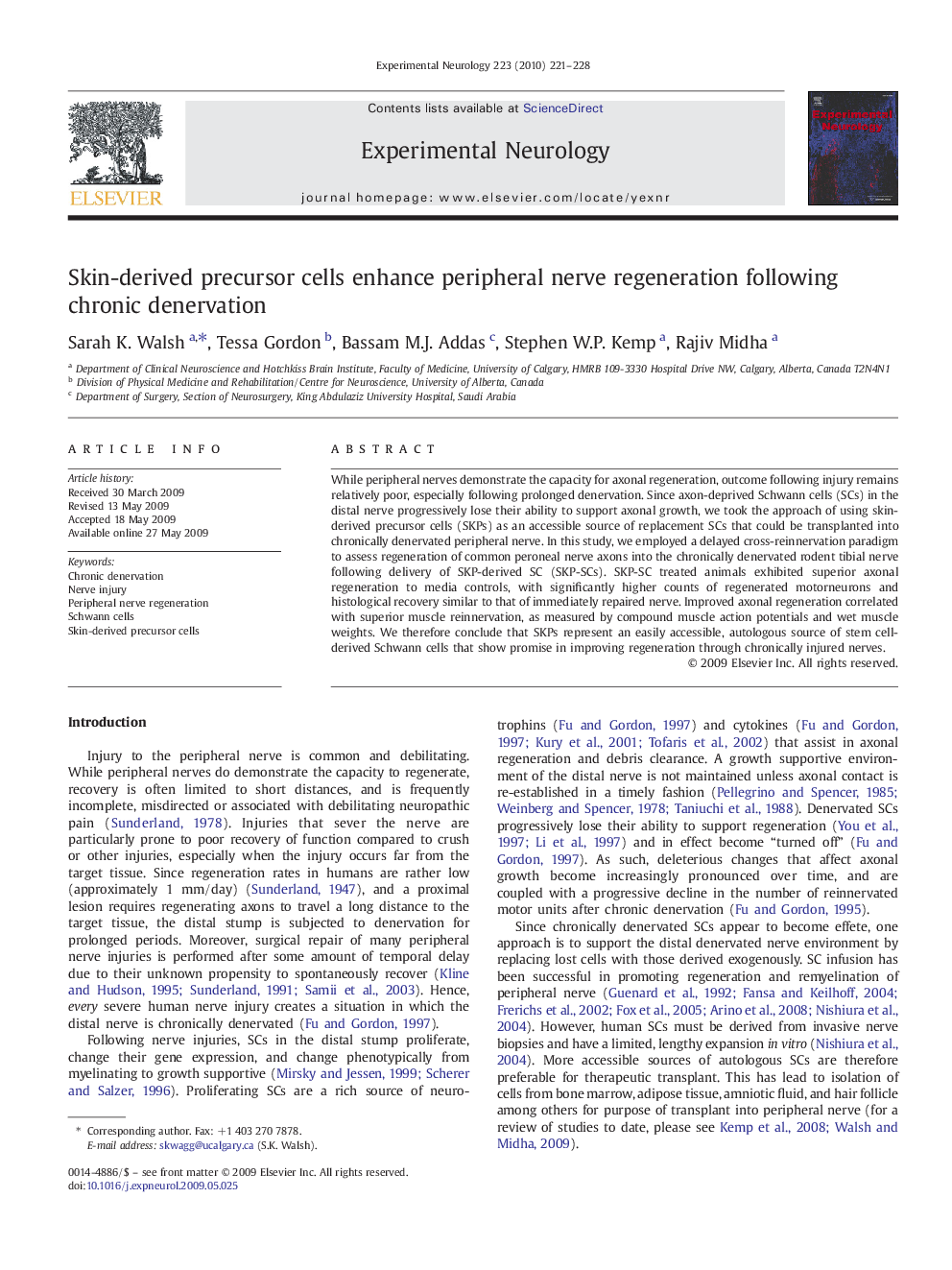 Skin-derived precursor cells enhance peripheral nerve regeneration following chronic denervation