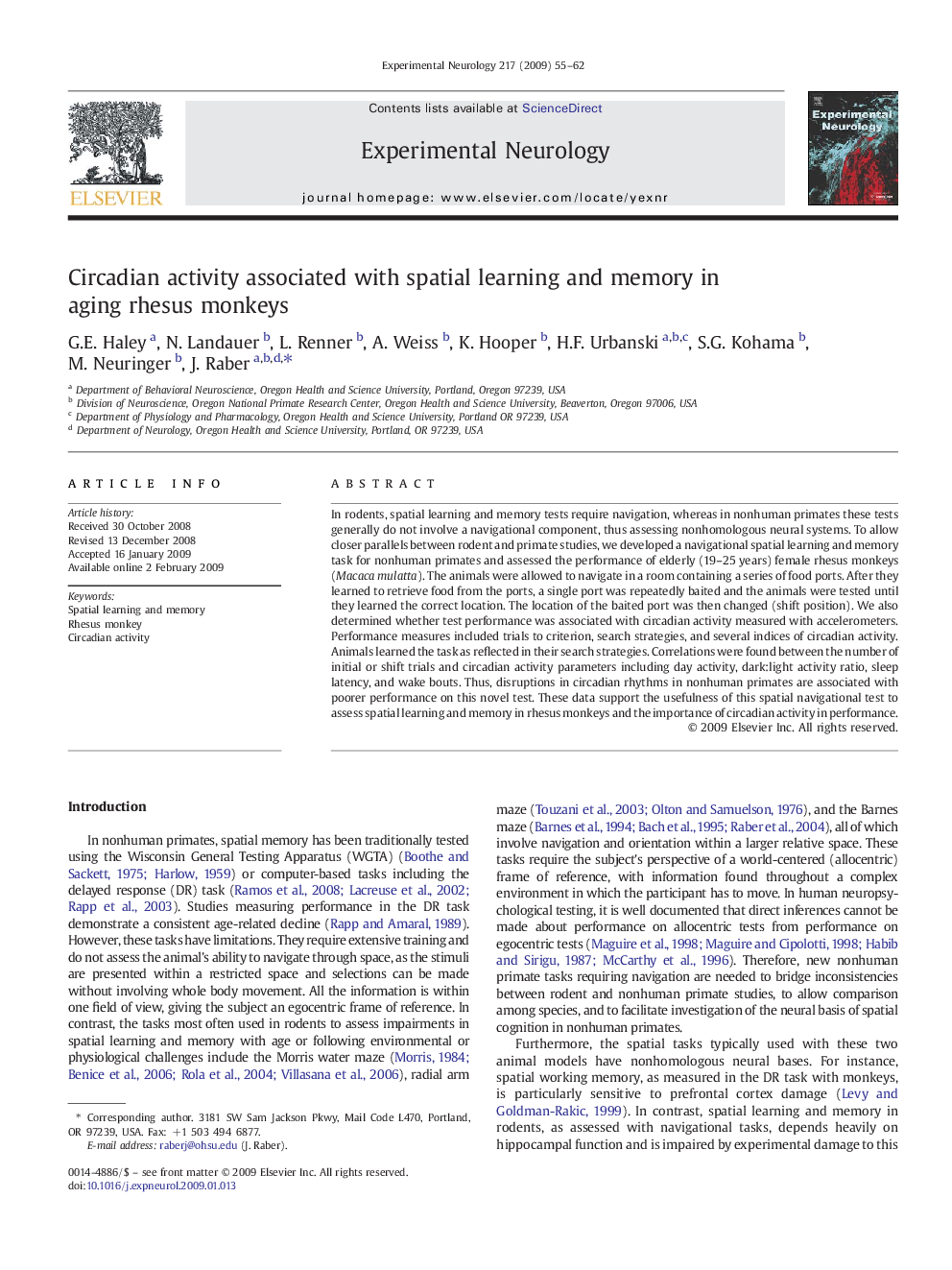 Circadian activity associated with spatial learning and memory in aging rhesus monkeys