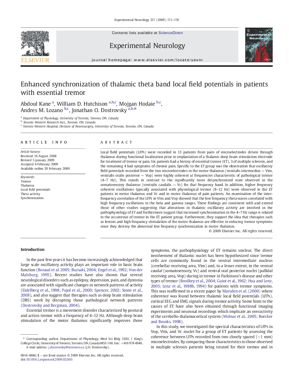 Enhanced synchronization of thalamic theta band local field potentials in patients with essential tremor